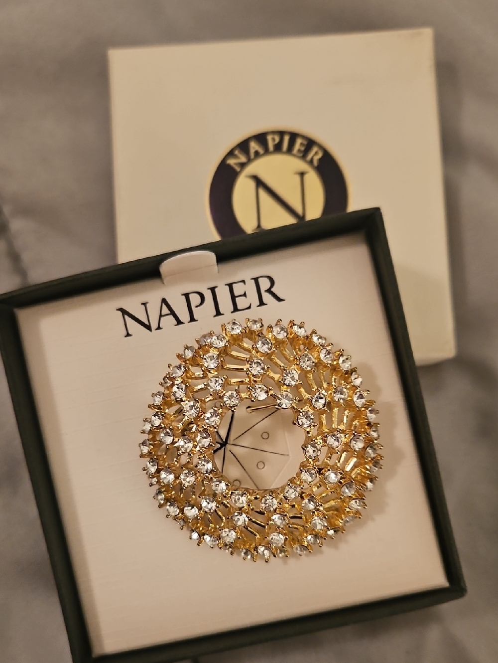 NIB Napier Gold and Clear Crystal Circular Statement Brooch